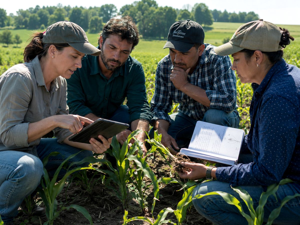 Agronomists and growers examining a crop problem in the field
