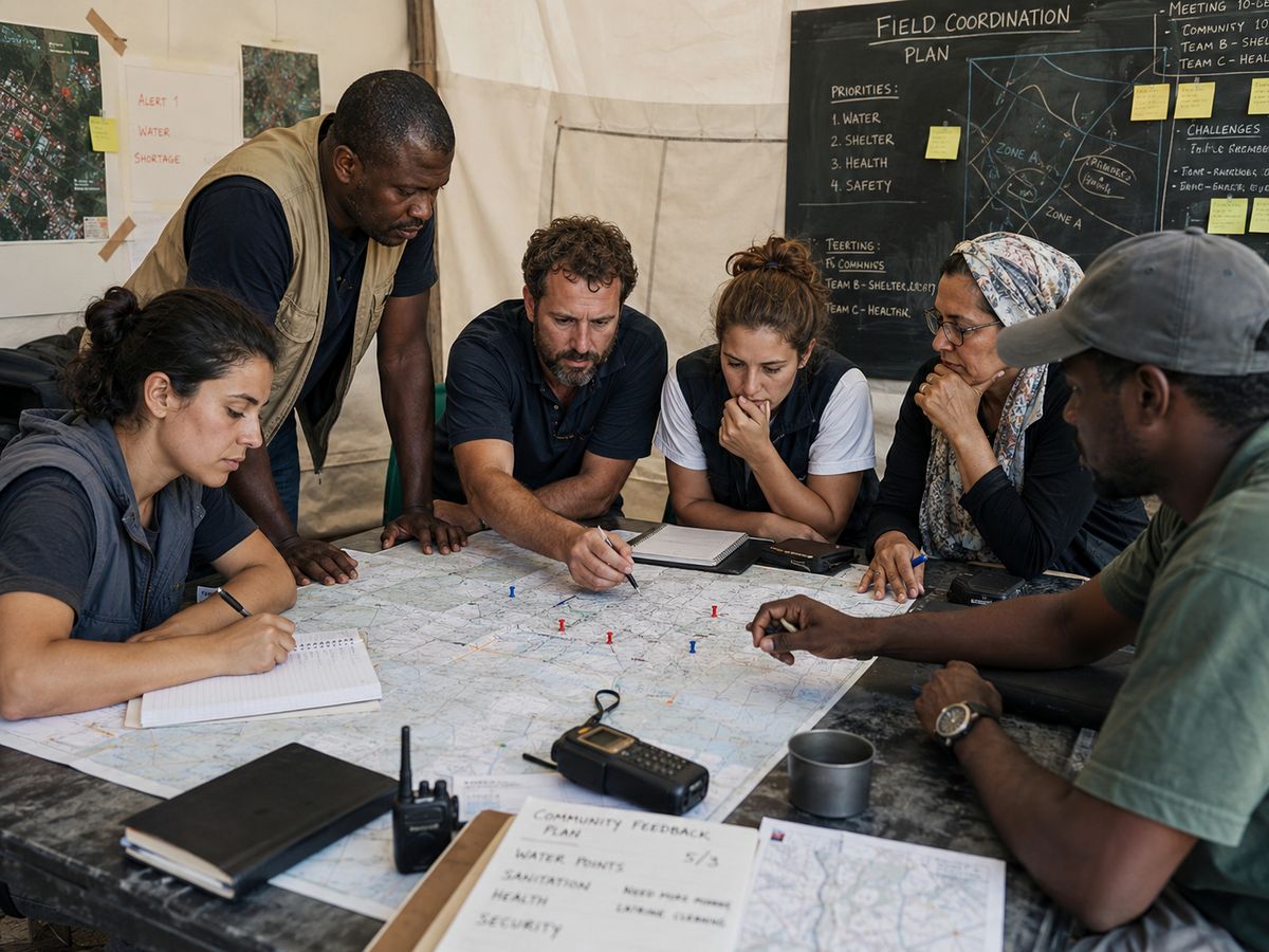 A field coordination team planning around a map