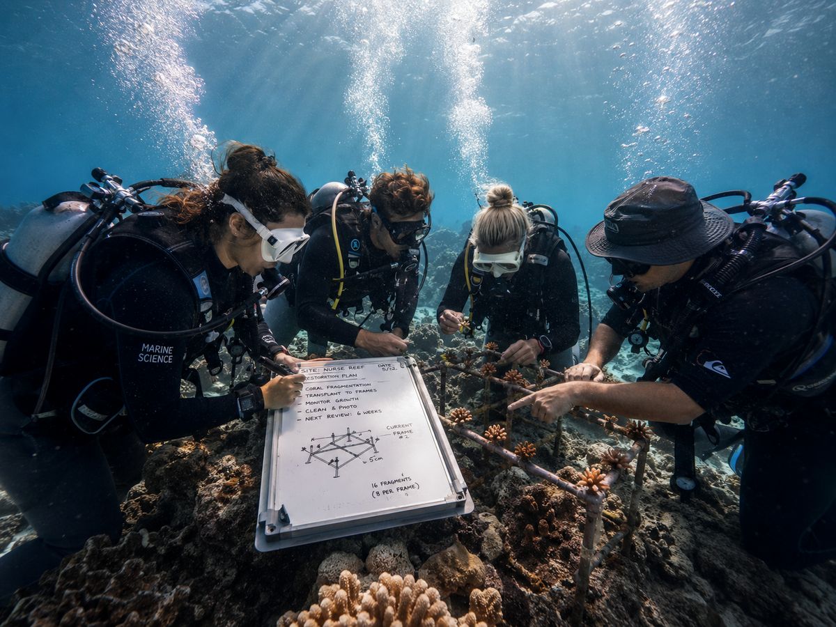 A marine survey team reviewing their observations