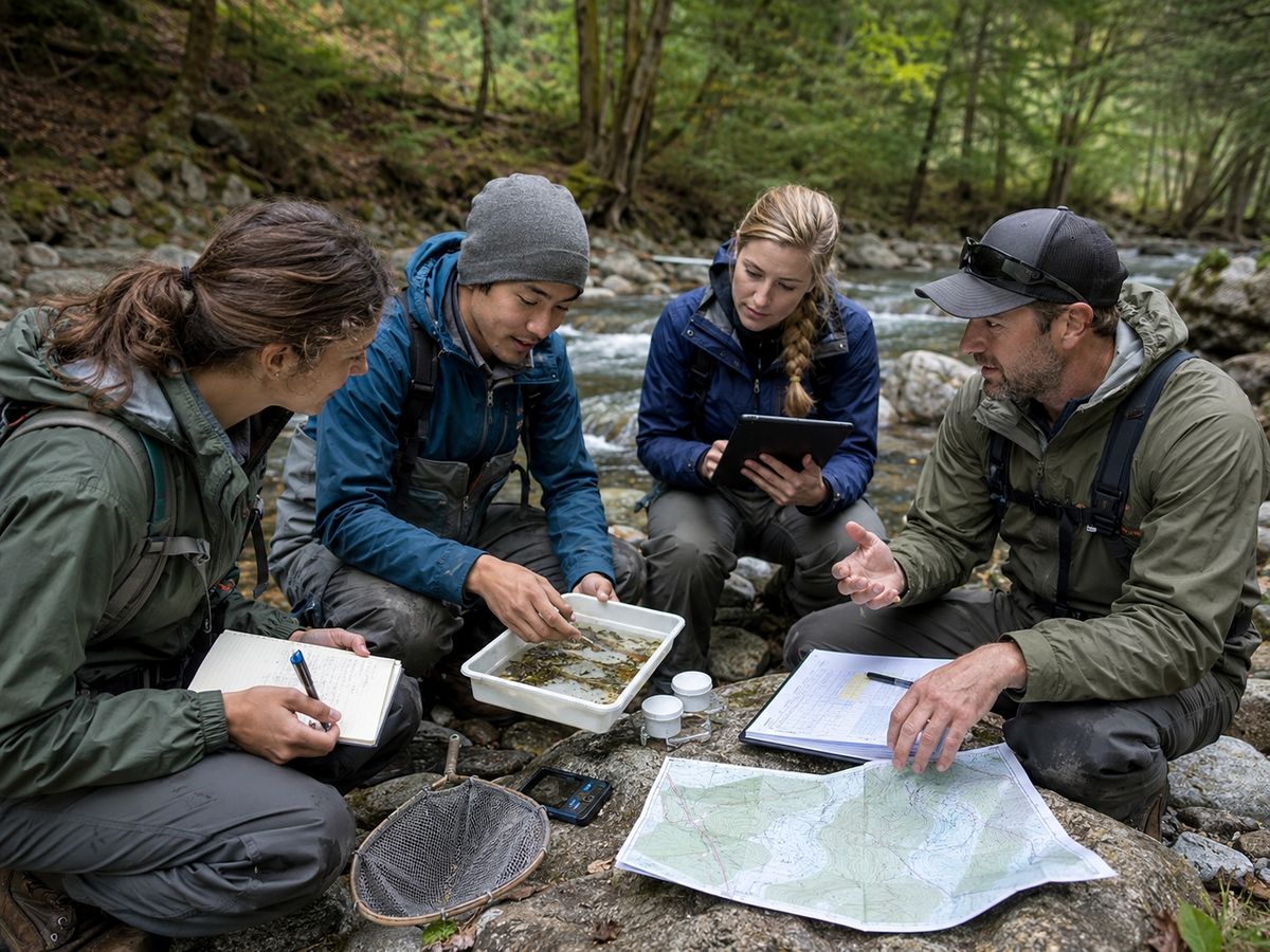 Researchers comparing findings at a river site