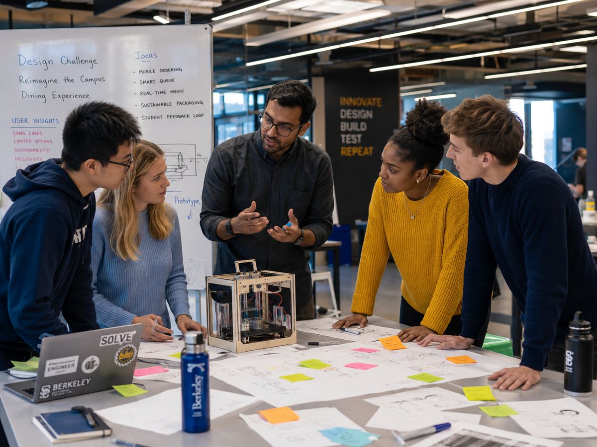 Students and mentors working in a university innovation space