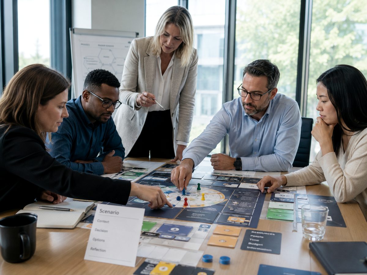 A management team mid-simulation, deciding where to place their next move