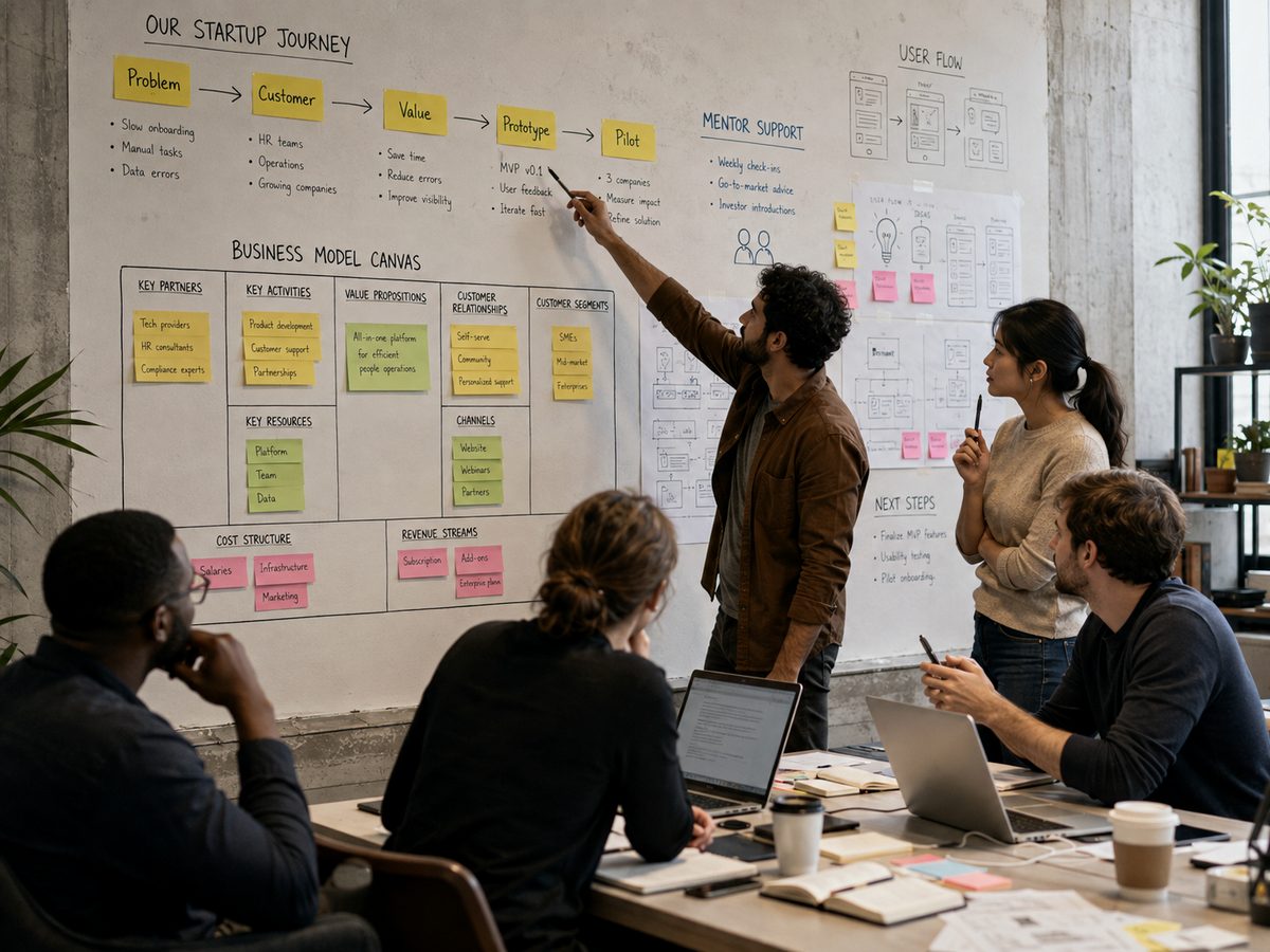 Entrepreneurs and mentors working together in an incubation workshop
