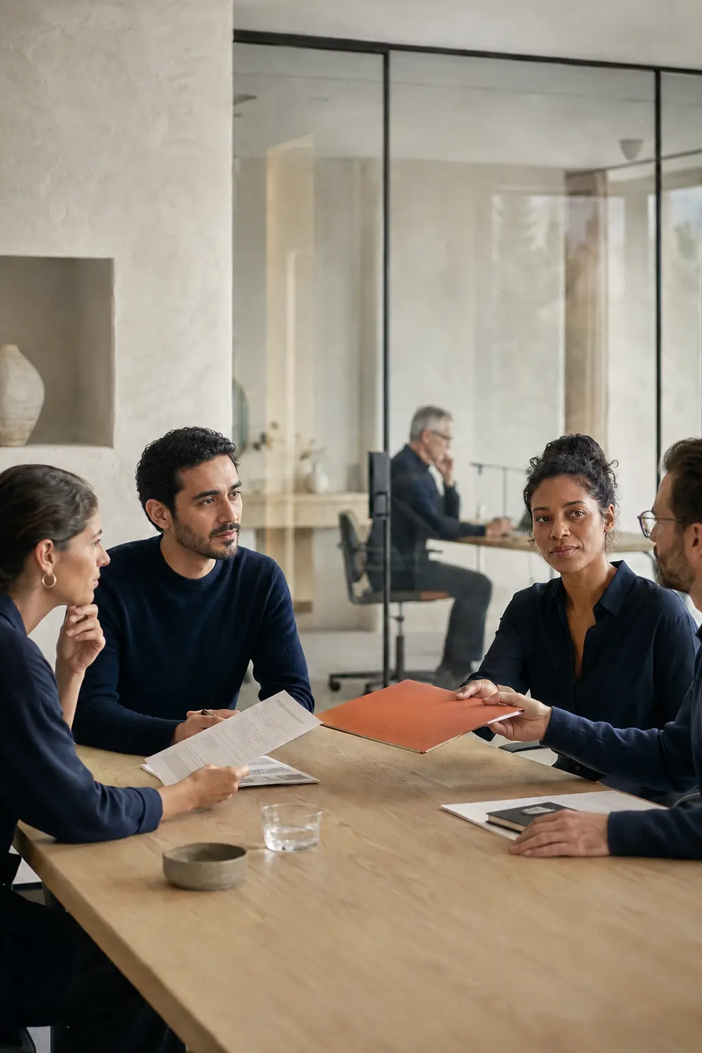 Colleagues passing an operational report sideways while a senior leader remains separated behind glass